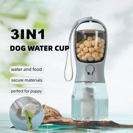 3-in-1 Dog Water Bottle with Food Box & Waste Bag Holder – Portable Pet Travel Cup