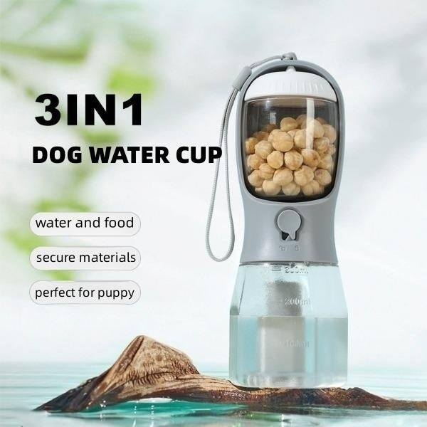 3-in-1 Dog Water Bottle with Food Box & Waste Bag Holder – Portable Pet Travel Cup